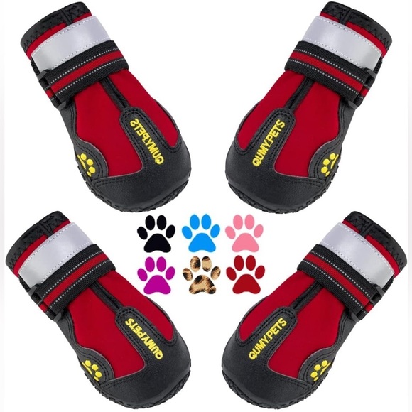 🐾QUMY Set of 4 waterproof dog boots reflective RED size 1:4.3Lx 5.6 cmW💯New 🐾 - Picture 1 of 9